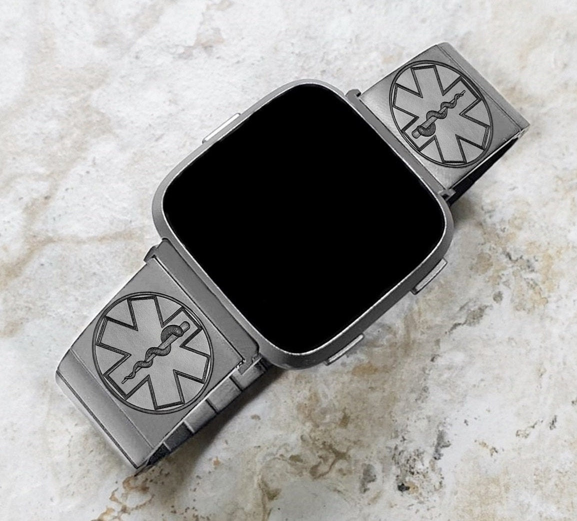 Engraved Watch Band Compatible with Fitbit Versa Lite 2 3 4 and Sense 2 Smartwatches Silver Color Stainless Steel Bracelet Strap MS2